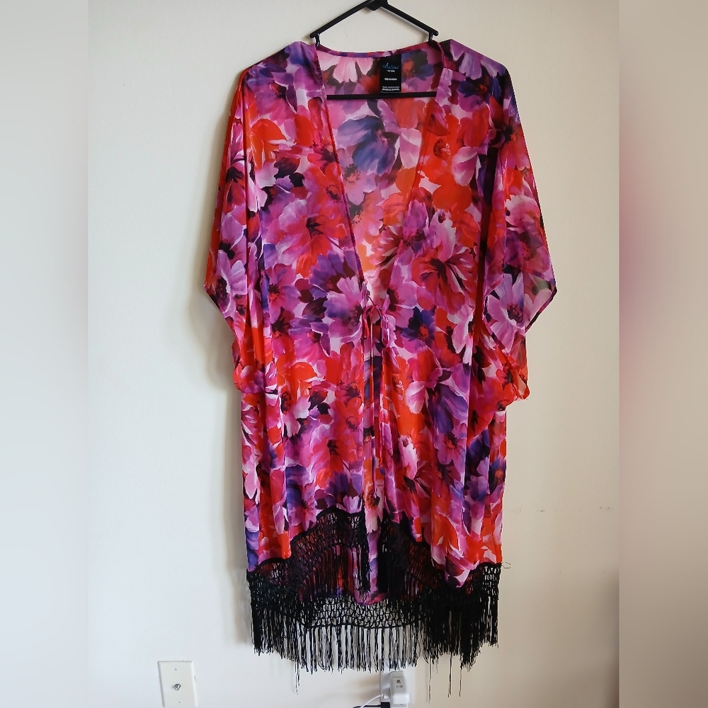 Catalina Fringe Hem Floral Kimono Size 1X